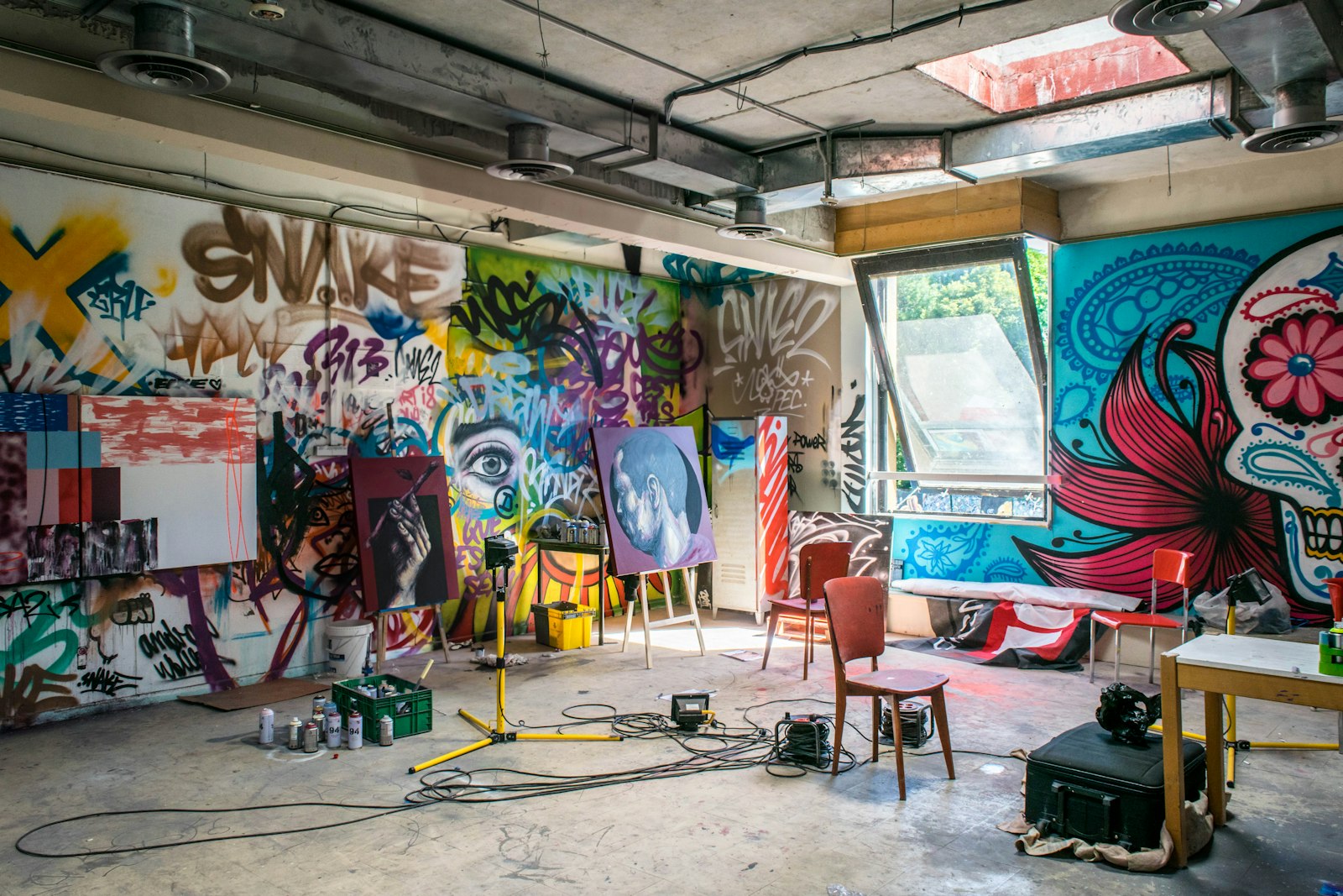 Künstleratelier mit Farben und Arbeitsfläche